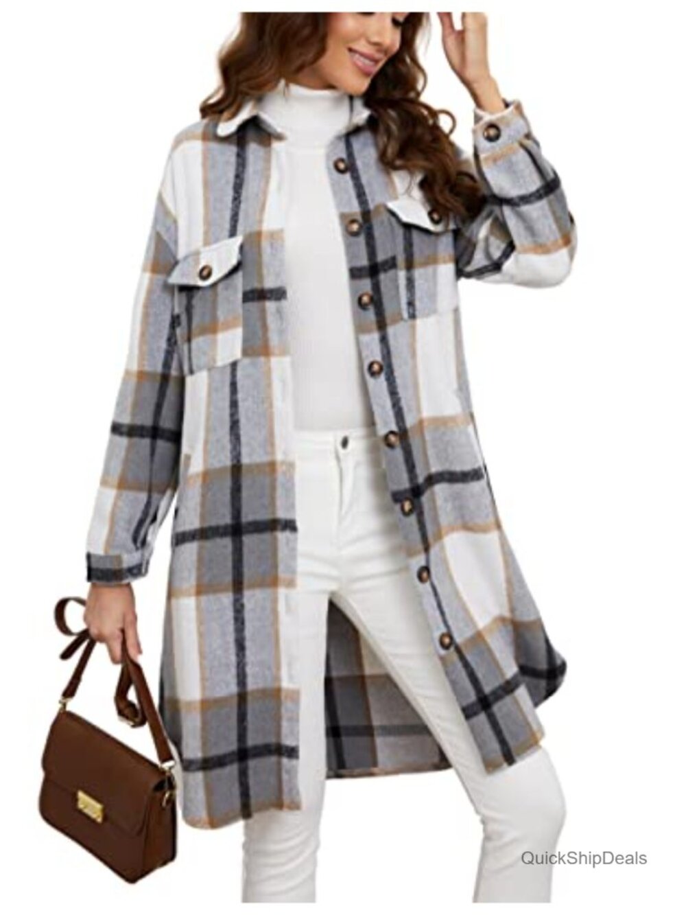 Womens Plaid Shacket Brushed Flannel Shirt Jacket, Wool Blend Tartan Coat,